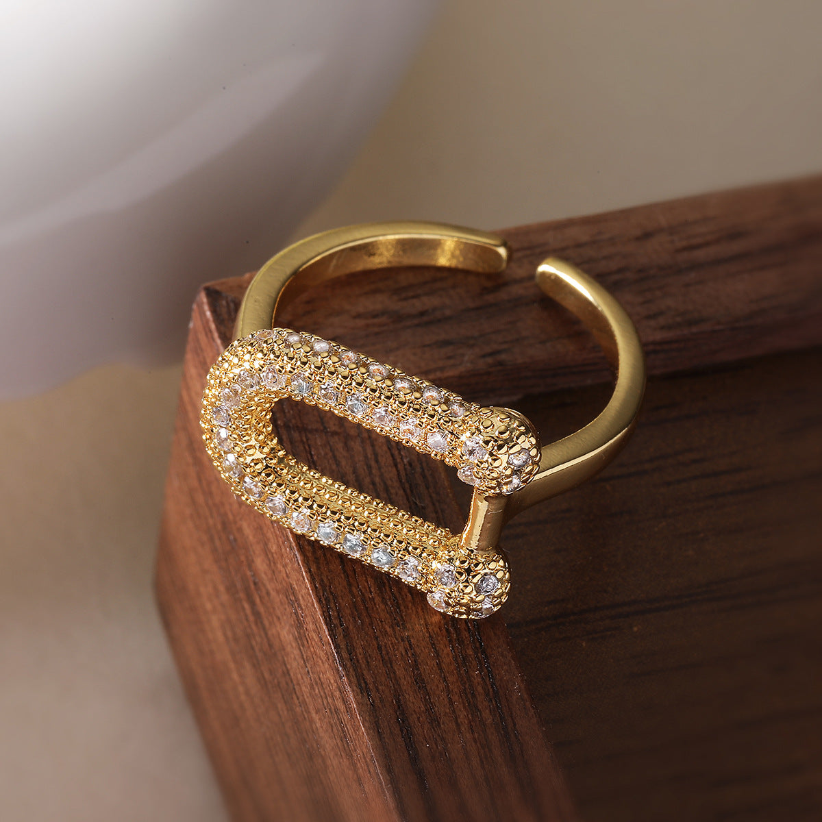 Geometric Open Ring for Women Made of Brass with 18K Gold Plating and Zircon Inlay, Fashionable Minimalist Statement Ring