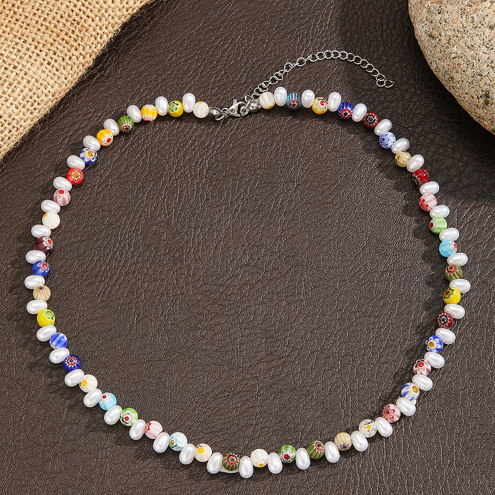 Bohemian Colorful Glass Bead Imitation Pearl Asymmetric Geometric Handmade Necklace for Unisex