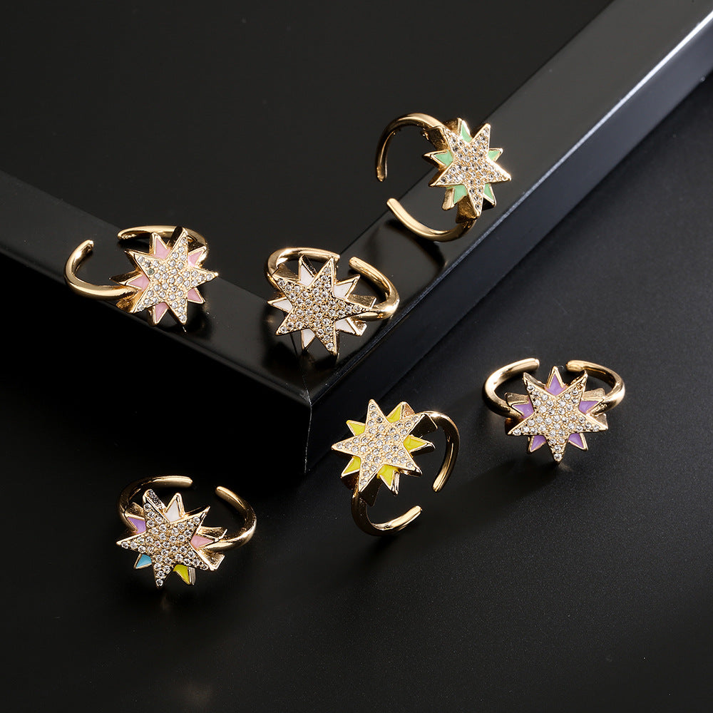 Cartoon Style Geometric Open Star Ring for Women in Copper with 18K Gold Plating and Cubic Zirconia Inlay