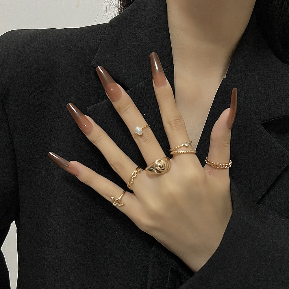 Minimalist Open Snake Ring with Hollow Heart and Pearl Inlay Alloy Plated Jewelry Set