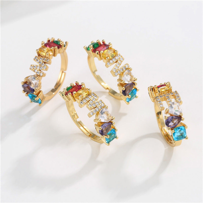 Hand-Set Cubic Zirconia Letter Open Ring Gold Plated Brass Adjustable Women