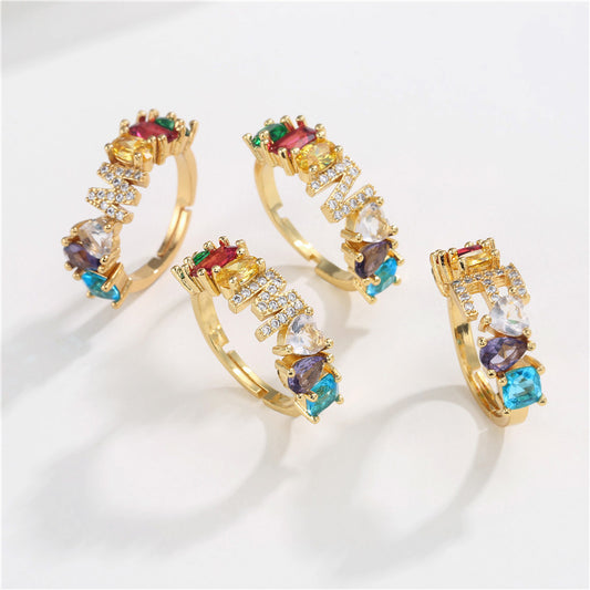 Hand-Set Cubic Zirconia Letter Open Ring Gold Plated Brass Adjustable Women