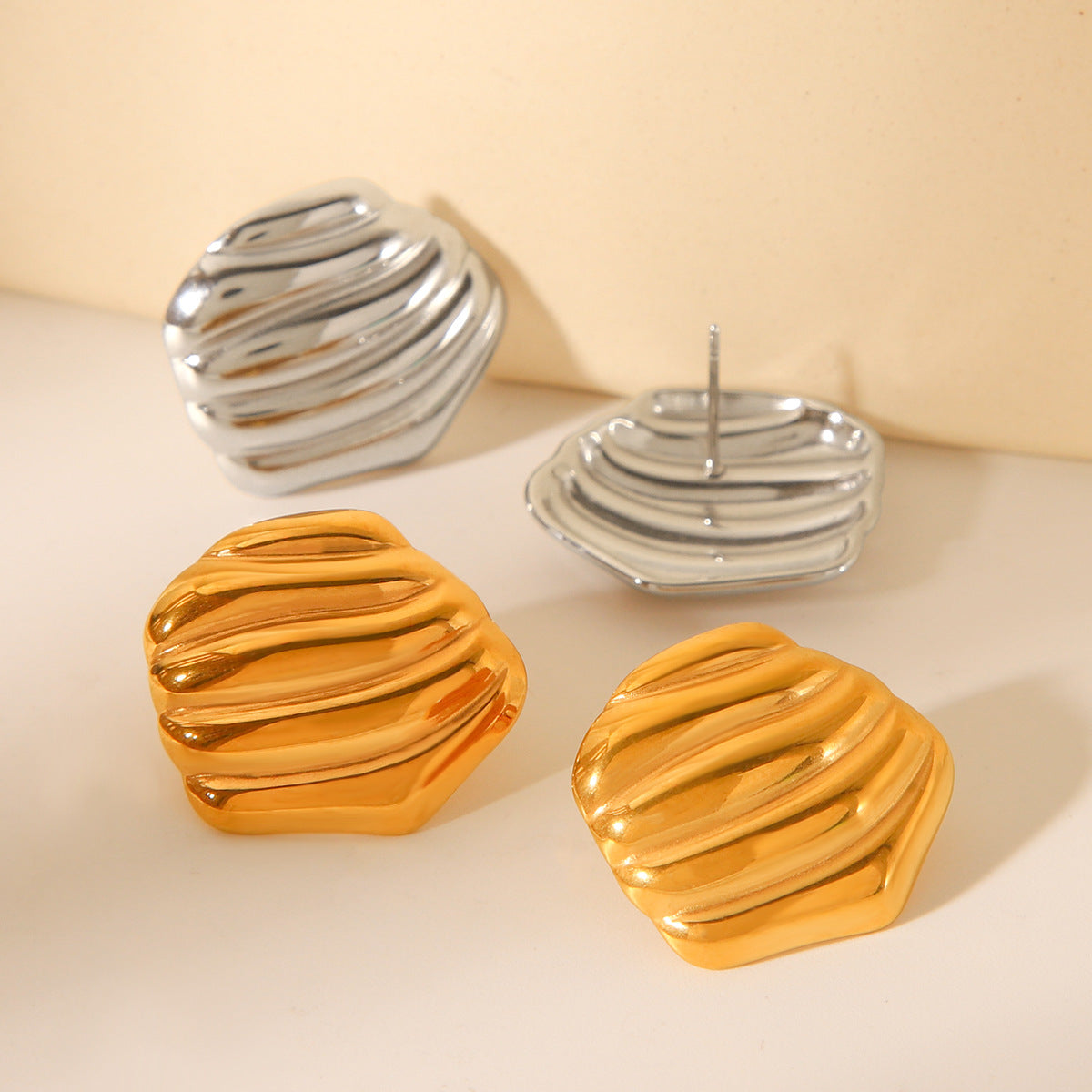 Minimalist Geometric Titanium Steel Stud Earrings with 18K Gold Plating and Rock Texture Finish for Women