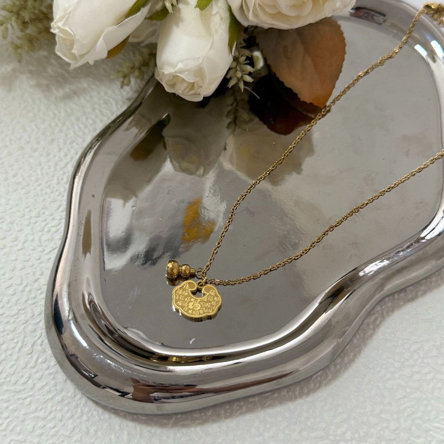 Gold Plated Titanium Steel Gourd Lock Necklace Unisex