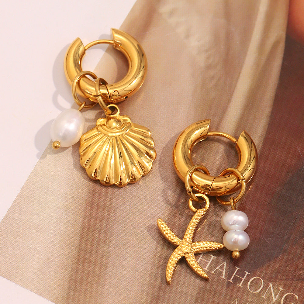Minimalist Starfish Pendant Earrings for Women Stainless Steel with 18K Gold Plating and Pearl Accents