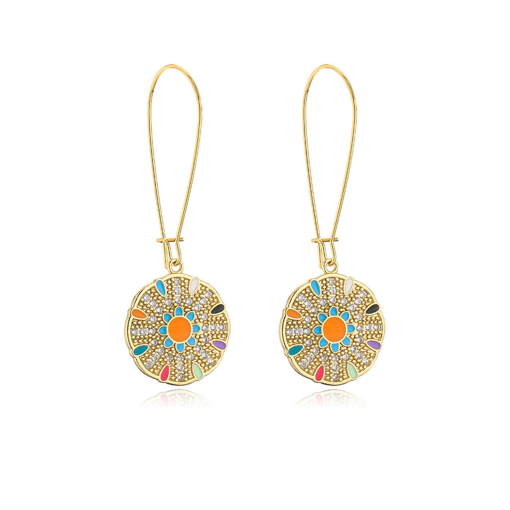 Bohemian Style Geometric Copper Pendant Earrings with 18K Gold Plating and Zircon Inlay for Women