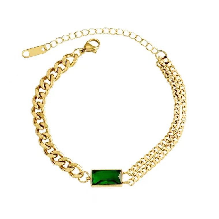 Geometric Square Green Rhinestone Titanium Steel Bracelet for Women with Plating Finish Fashionable Minimalist Hand Jewelry