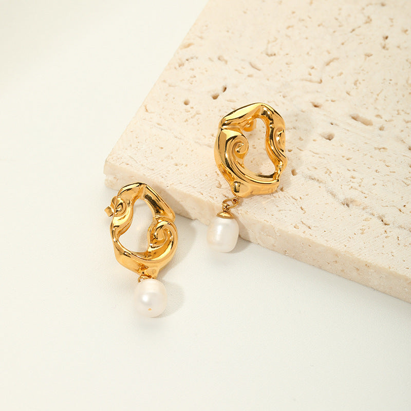 Vintage Luxe Stainless Steel 18K Gold Plated Asymmetrical Hollow Lava Geometric Pendant Earrings with Freshwater Pearl