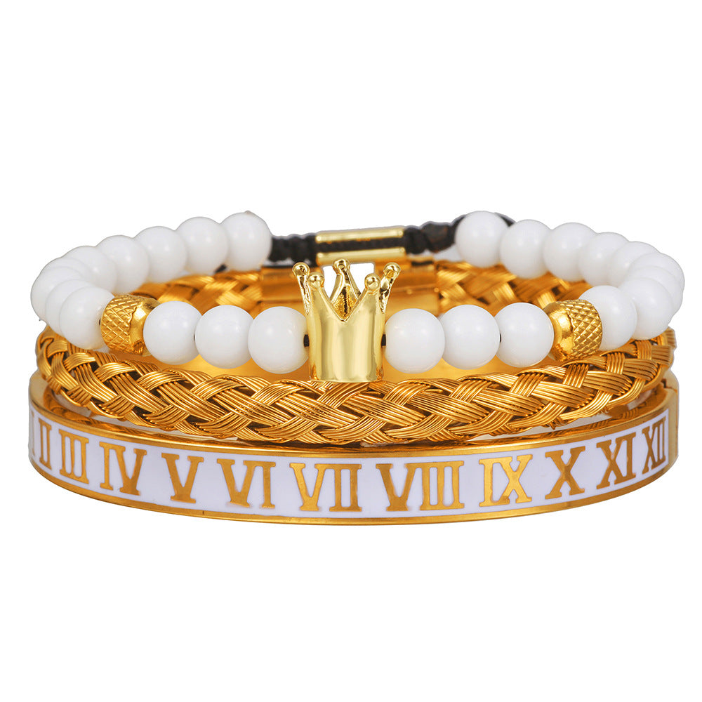White Drip Oil Plated Stainless Steel Bracelet Set with Cubic Zirconia Skull, Leopard Head, Crown and Roman Numbers