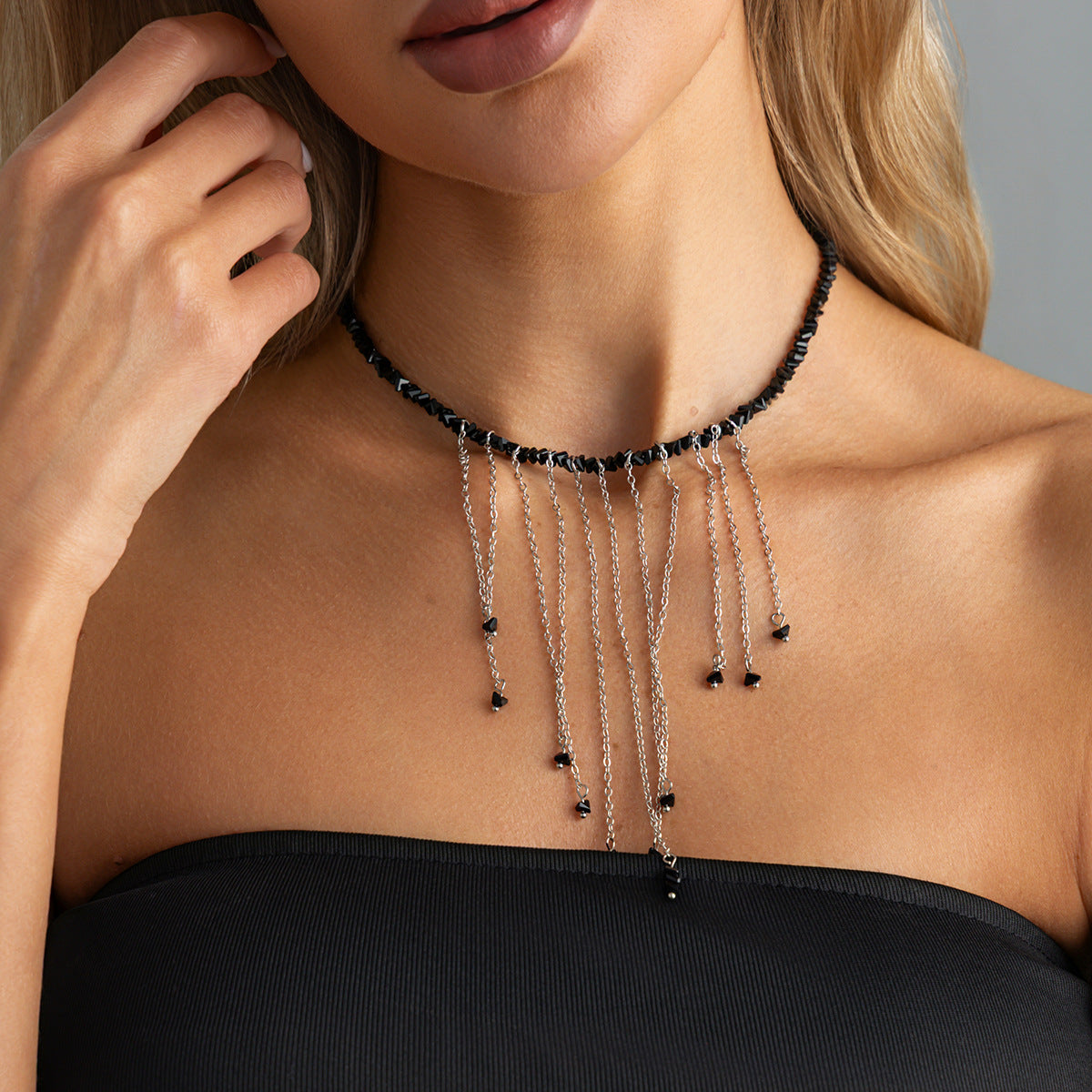 Minimalist Geometric Triangle Crystal Beaded Necklace with Iron Pendant and Tassel for Women Men