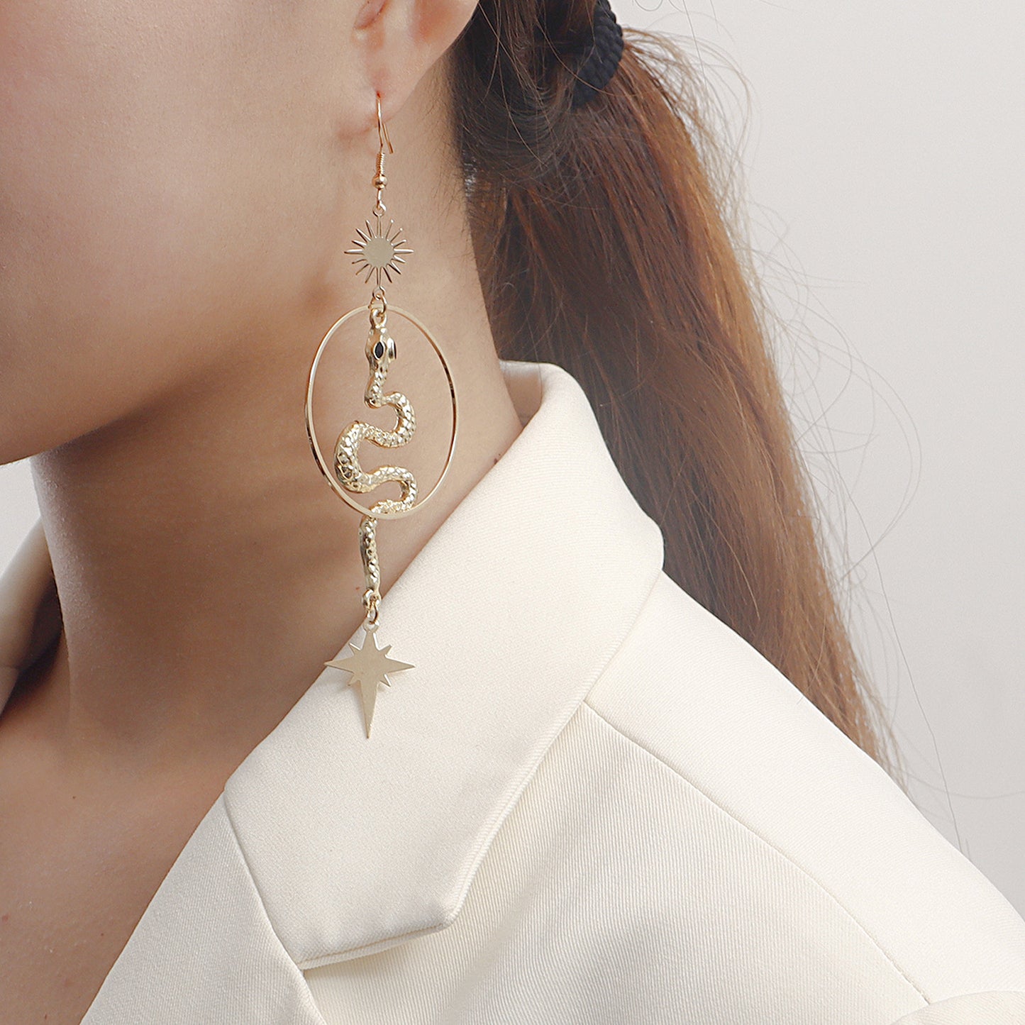 Geometric Large Hoop Snake-Shaped Cross Star Tassel Earrings for Women with Alloy Base and Plated Finish