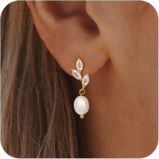 925 Sterling Silver Post Geometric Leaf Round Cubic Zirconia and Pearl Drop Earrings for Women
