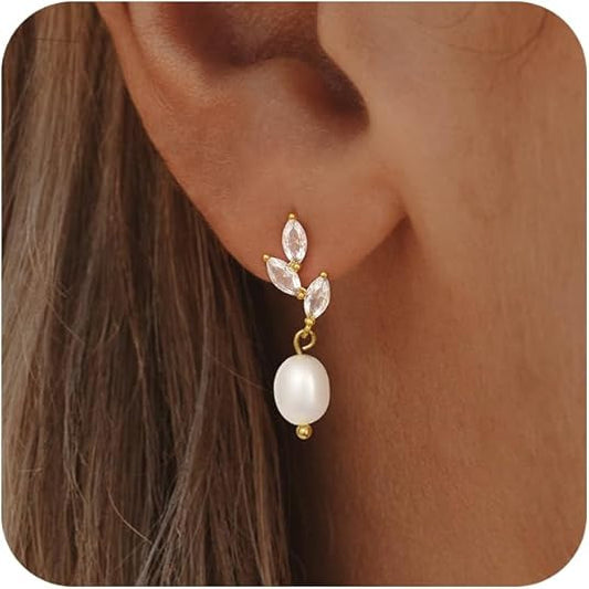 925 Sterling Silver Post Geometric Leaf Round Cubic Zirconia and Pearl Drop Earrings for Women
