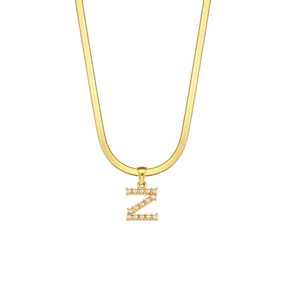 Fashionable Letter Pendant Necklace for Women Stainless Steel Plated 18K Gold Flat Snake Chain with Pearl Accent