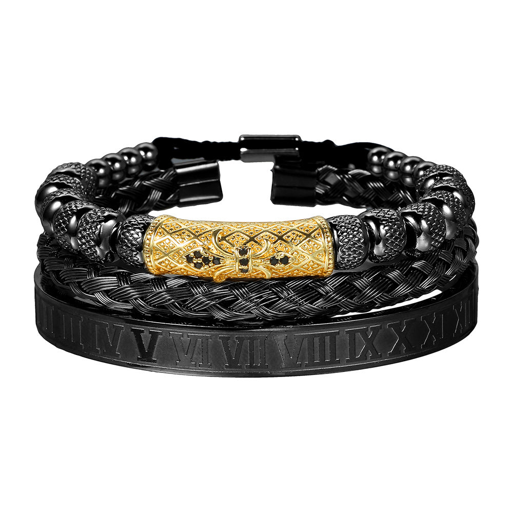 Vintage Geometric Letter Woven Stainless Steel Bracelet with Cubic Zirconia and Drip Oil
