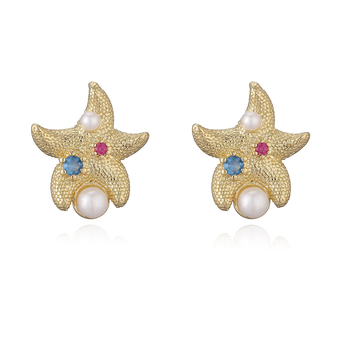 Vintage Elegant 18K Gold Plated Brass Heart Starfish Geometric Cubic Zirconia Stud Earrings for Women
