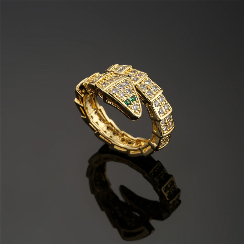 Vintage Geometric Bamboo Joint Snake Ring in Copper with 18K Gold Plating and Micro-Pave Zirconia for Women