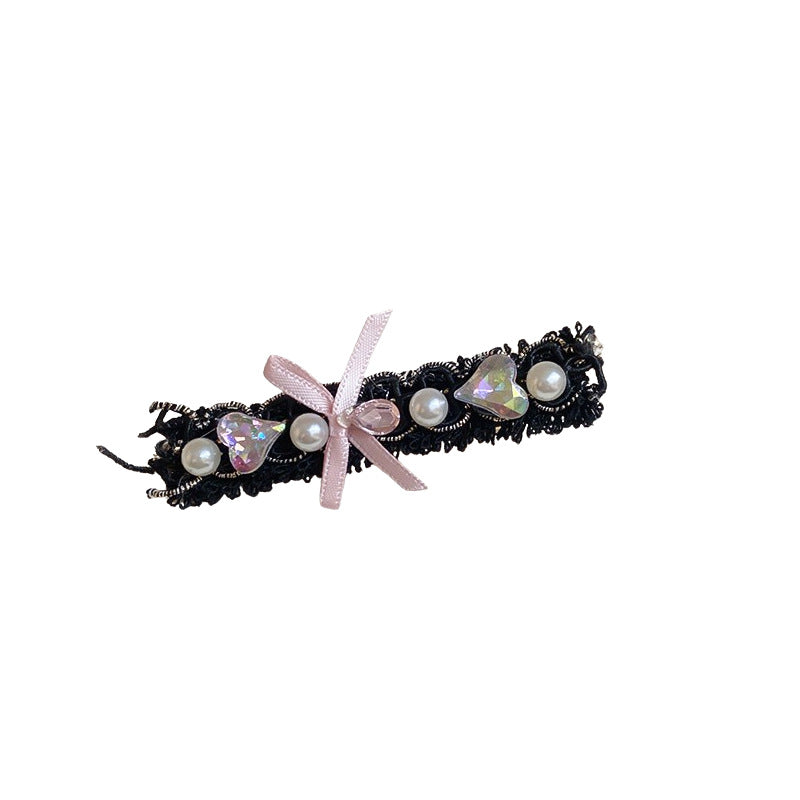 Pinza de pelo de aleación de estilo de lujo con forma de lazo y adornos de pedrería para mujer con detalles de perlas y diseño chic minimalista
