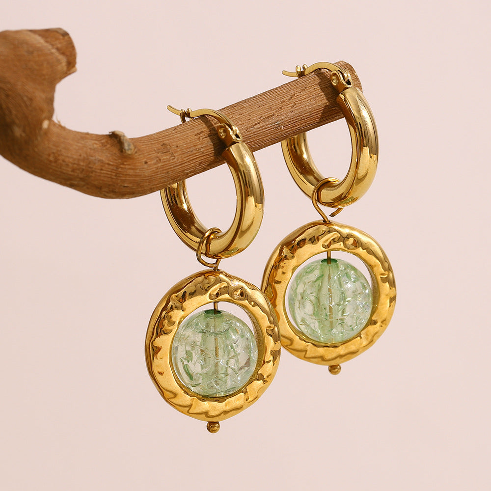 Orecchini alla Moda in Acciaio Inossidabile con Motivo Geometrico, Placcatura in Oro 18K e Ciondolo in Vetro Artigianale da Donna