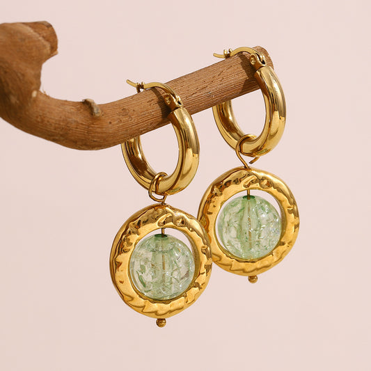 Pendientes Geométricos de Acero Inoxidable de Moda con Baño de Oro de 18K y Colgante de Cristal Hecho a Mano para Mujer