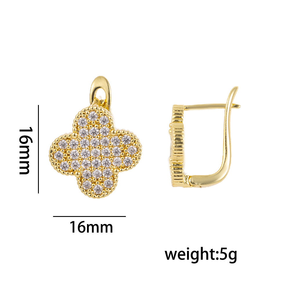 Orecchini eleganti a quadrifoglio in rame con placcatura in oro 18 carati e intarsio di zirconi, design floreale e geometrico, gioielli di moda da donna
