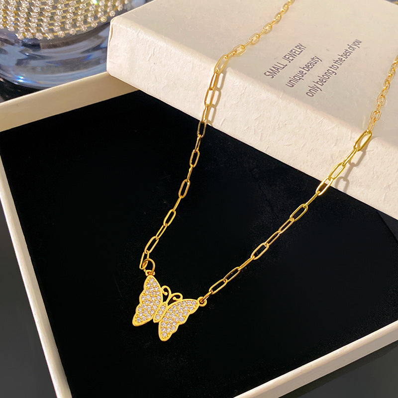 Vintage Geometric Butterfly Titanium Steel Plated Necklace with Cubic Zirconia for Unisex