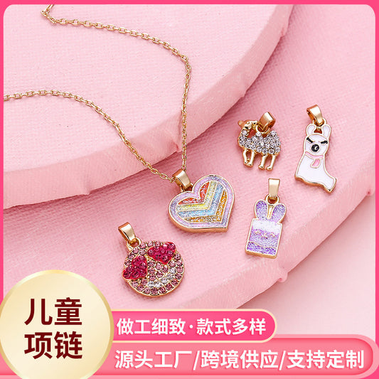 Cartoon Rabbit Ear and Heart-Shaped Smile Pendant Necklace Set for Kids with Enamel Finish on Alloy Chain