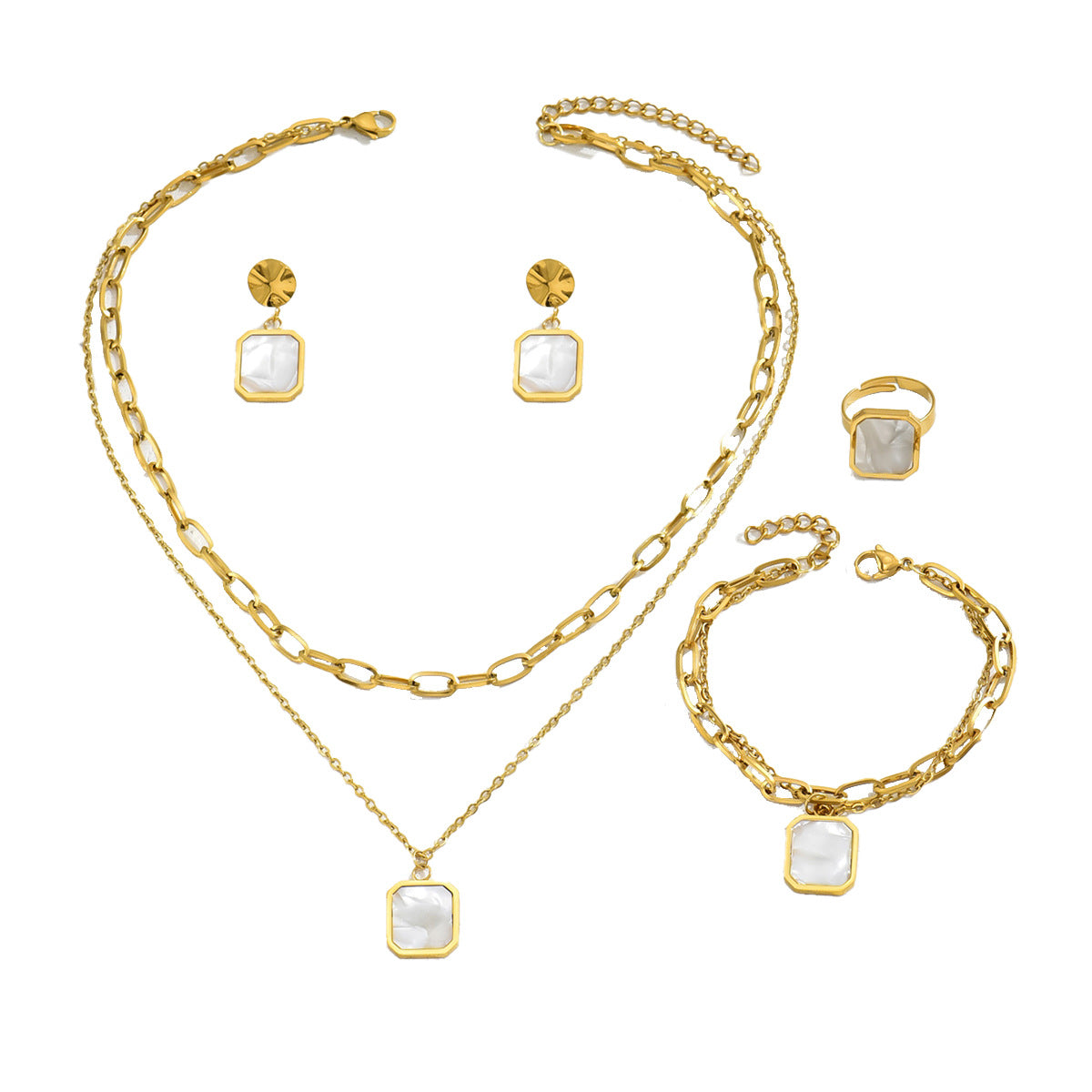 Juego de collar, pendientes y anillo de lujo minimalista chapado en cobre geométrico cuadrado para mujer