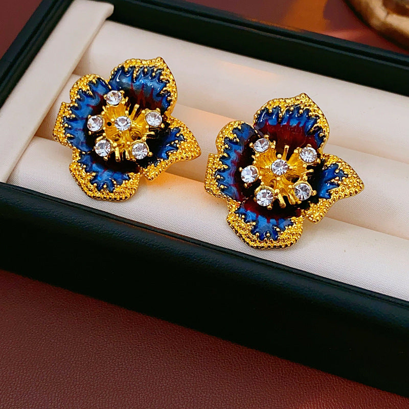 Vintage Floral Geometric Earrings with Enamel Finish and Rhinestone Inlay for Women Alloy Studs with Stainless Steel Posts