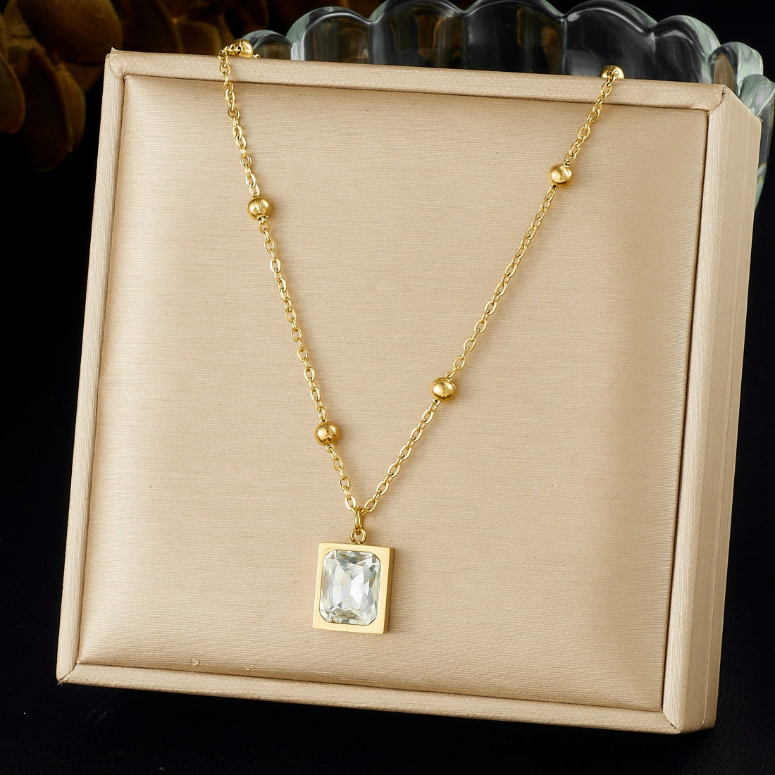 Gold Plated Square Geometric Rhinestone Inlay Stainless Steel Pendant Necklace for Women