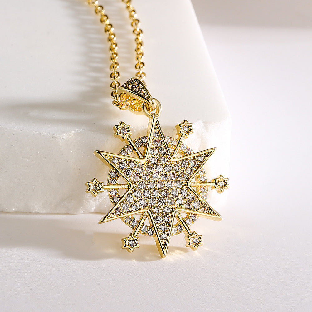 Collana con Pendente a Esagramma Geometrico Minimalista da Donna, con Base in Ottone e Placcatura in Oro Vero con Intarsio di Zirconi