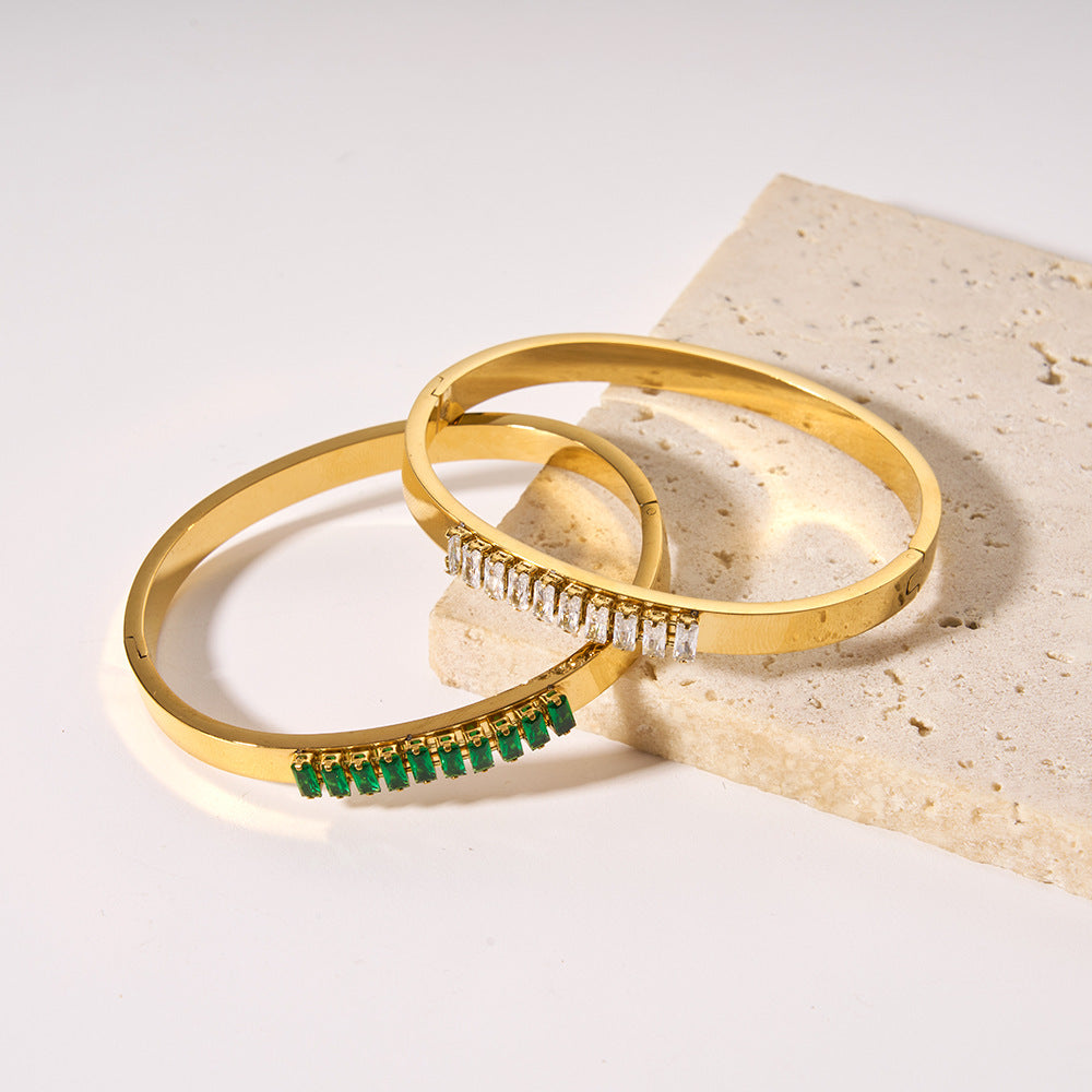 Vintage-Inspired Geometric Titanium Steel Gold-Plated Zirconia Bracelet for Women
