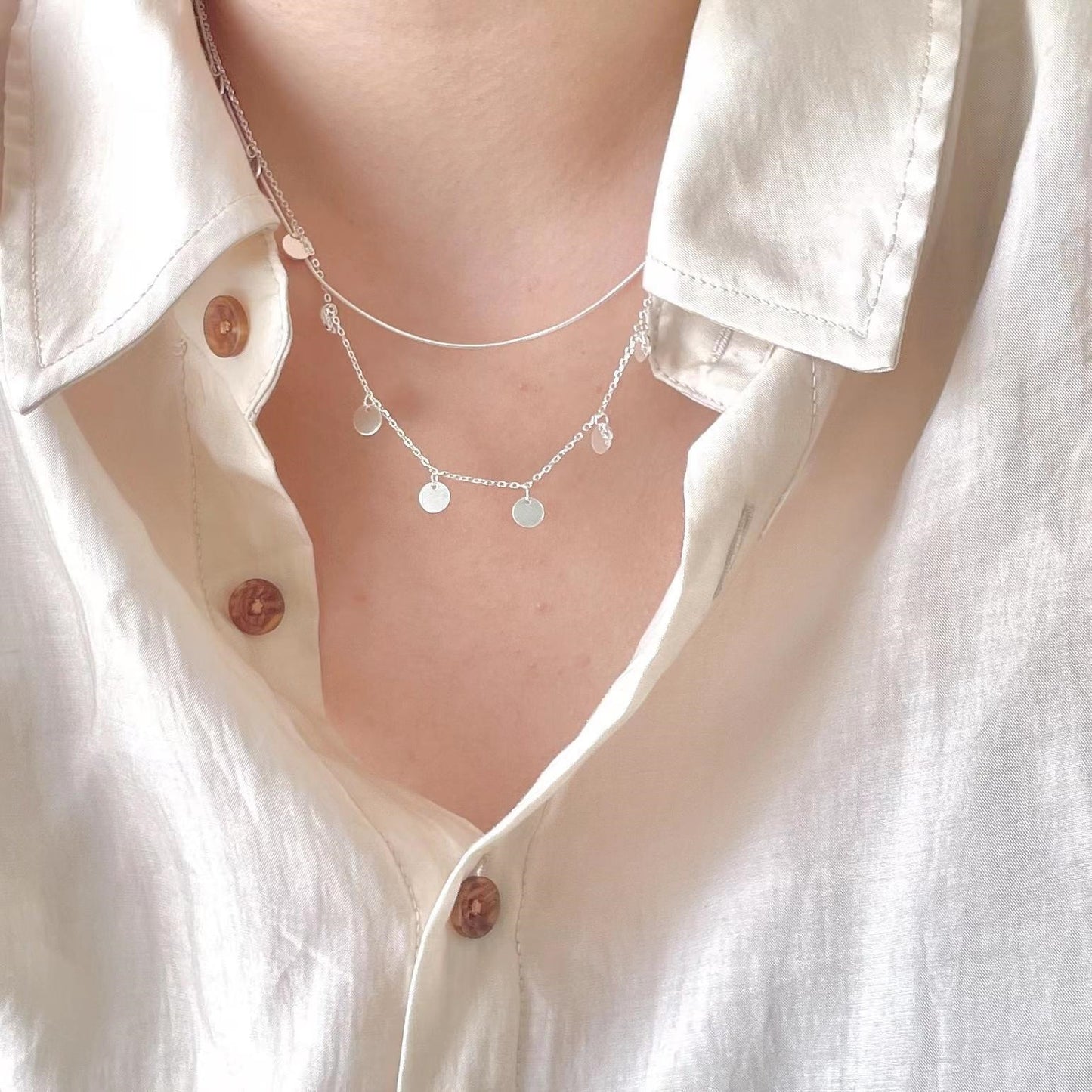 Minimalist Double Layer Snake Chain Necklace in 925 Sterling Silver with Gold Plating and Chic Sequin Detail