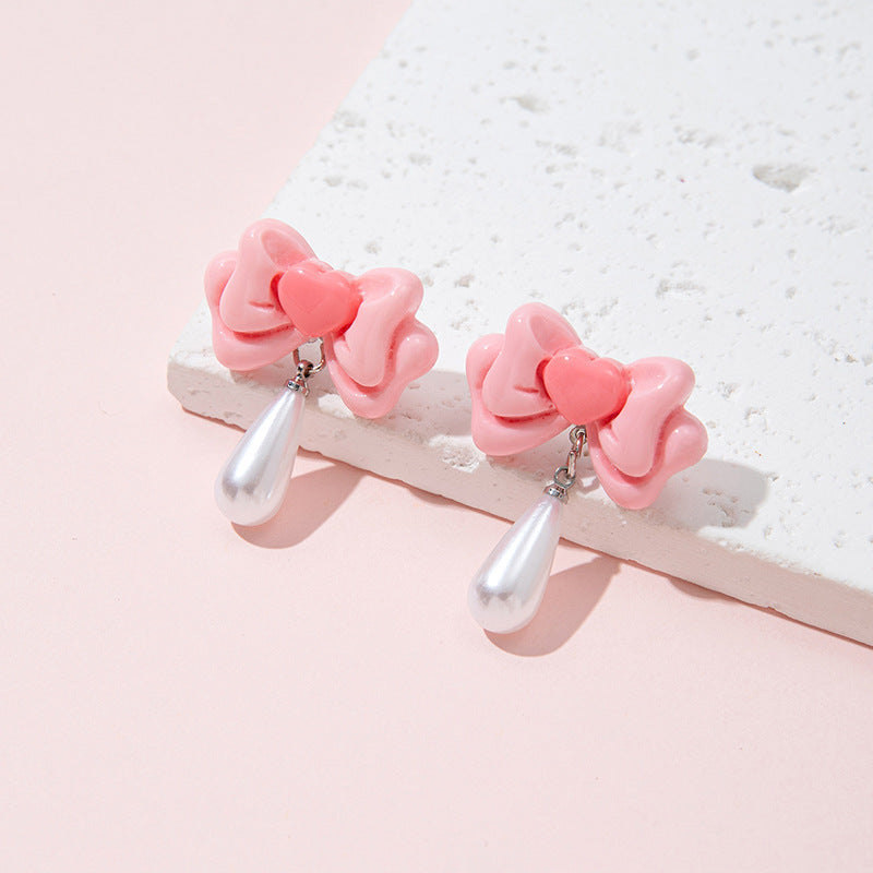 Orecchini a perno con perla a forma di fiocco, dolci e minimalisti, gioielli per bambine alla moda