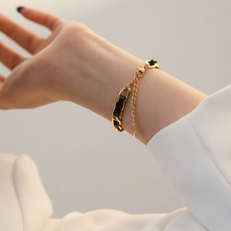 Geometric Leather-Wrapped Titanium Steel Bracelet for Women and Men with Vacuum Plating Finish Minimalist Fashion Accessory