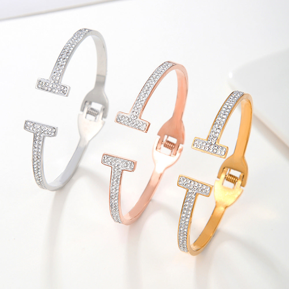 Minimalist Geometric Double-T Rhinestone Inlaid Titanium Steel Open Cuff Bracelet for Women