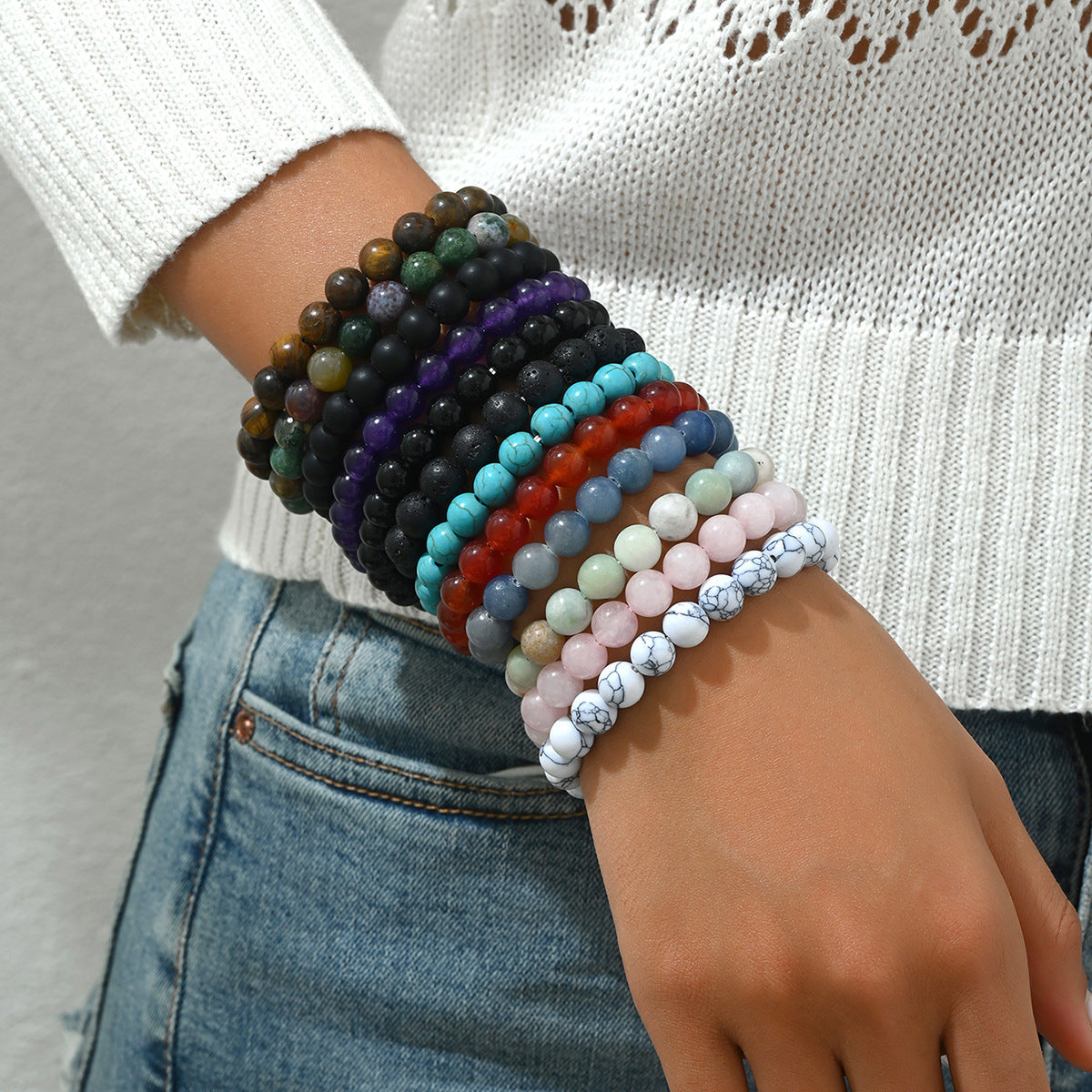 Conjunto de pulseras geométricas de piedra natural ensartadas a mano para mujer y hombre, accesorio de moda minimalista