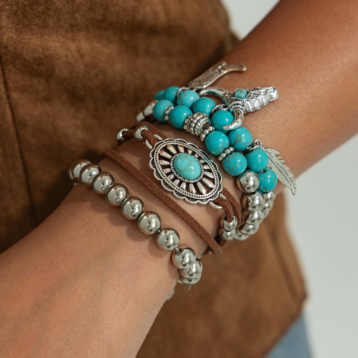 Bohemian Vintage Geometric Round Resin Plated Bracelet Set for Women