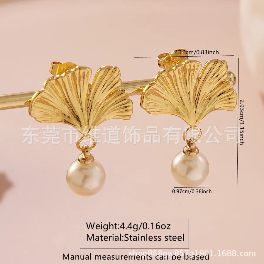 Sweet Streetwear Hammered Stainless Steel Floral Leaf Geometric Earrings for Women