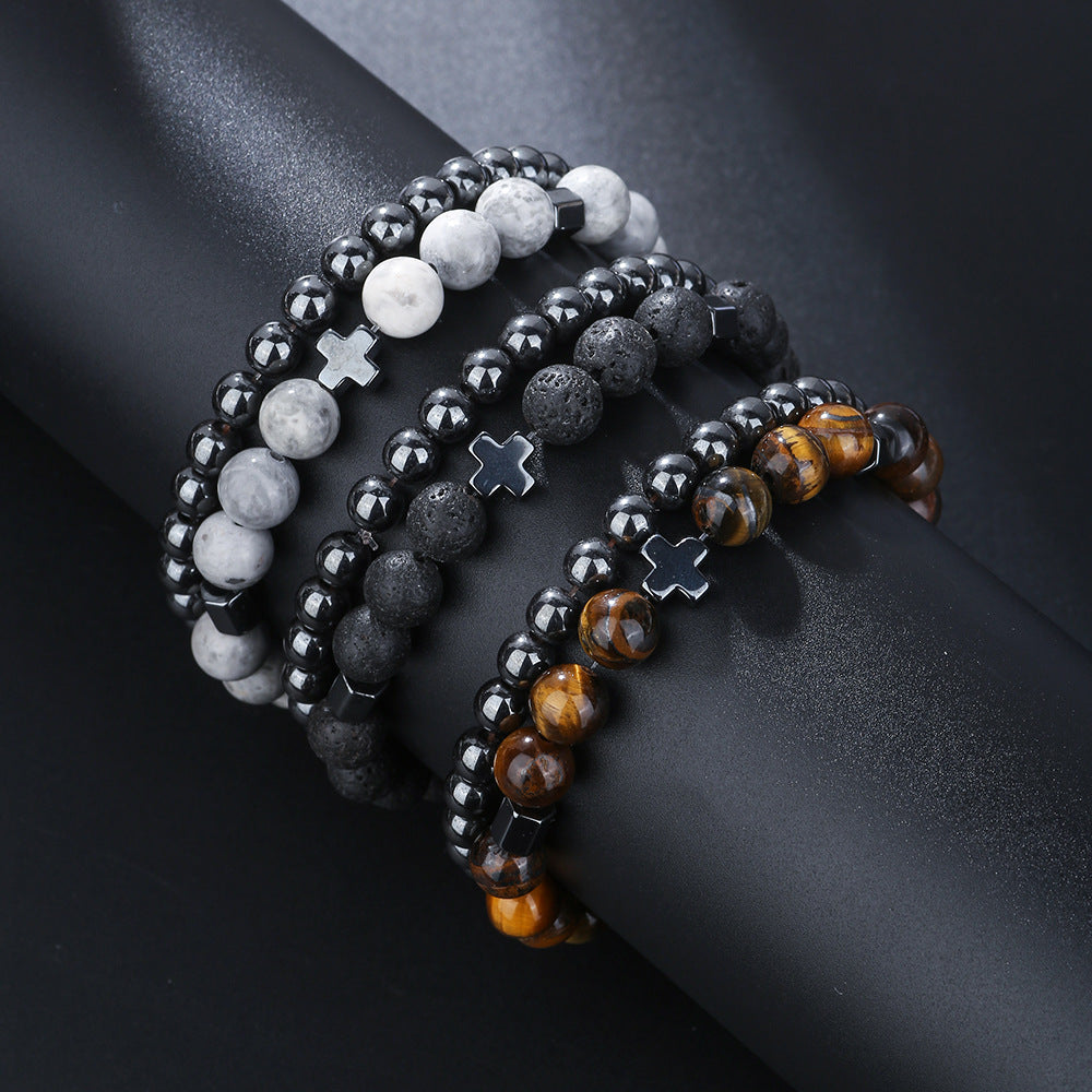 Minimalist Geometric Cross Volcanic Stone Tiger Eye Hematite Beaded Bracelet Unisex
