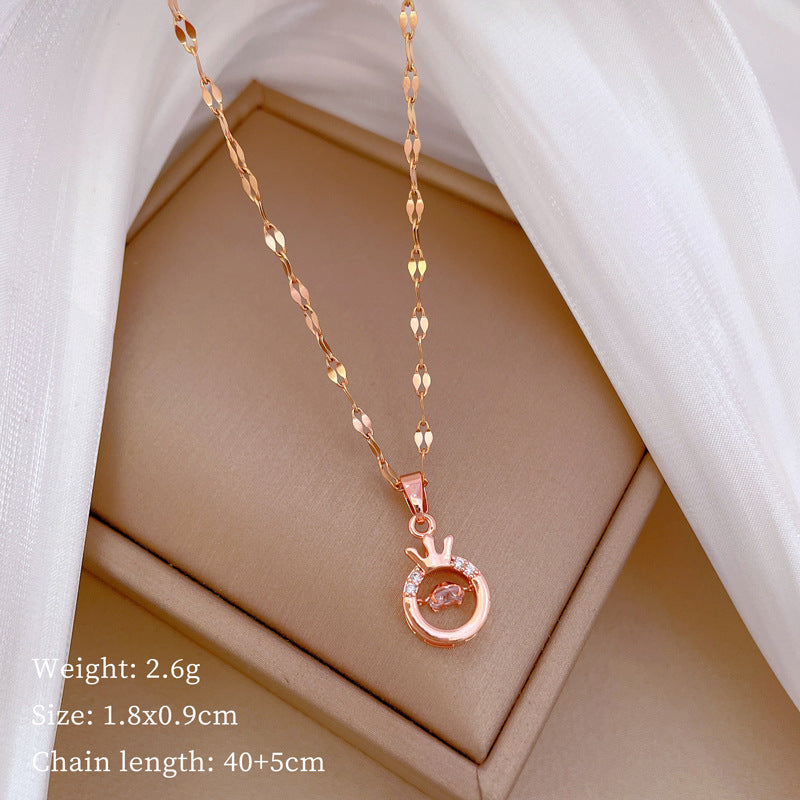 Luxury Minimalist Sweet Geometric Rhinestone Pendant Necklace for Women Titanium Steel O-Chain