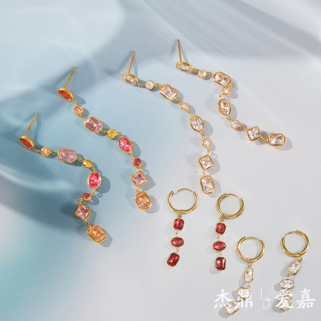 Minimalist Luxury Geometric Titanium Steel PVD Colorful Cubic Zirconia Tassel Earrings for Women