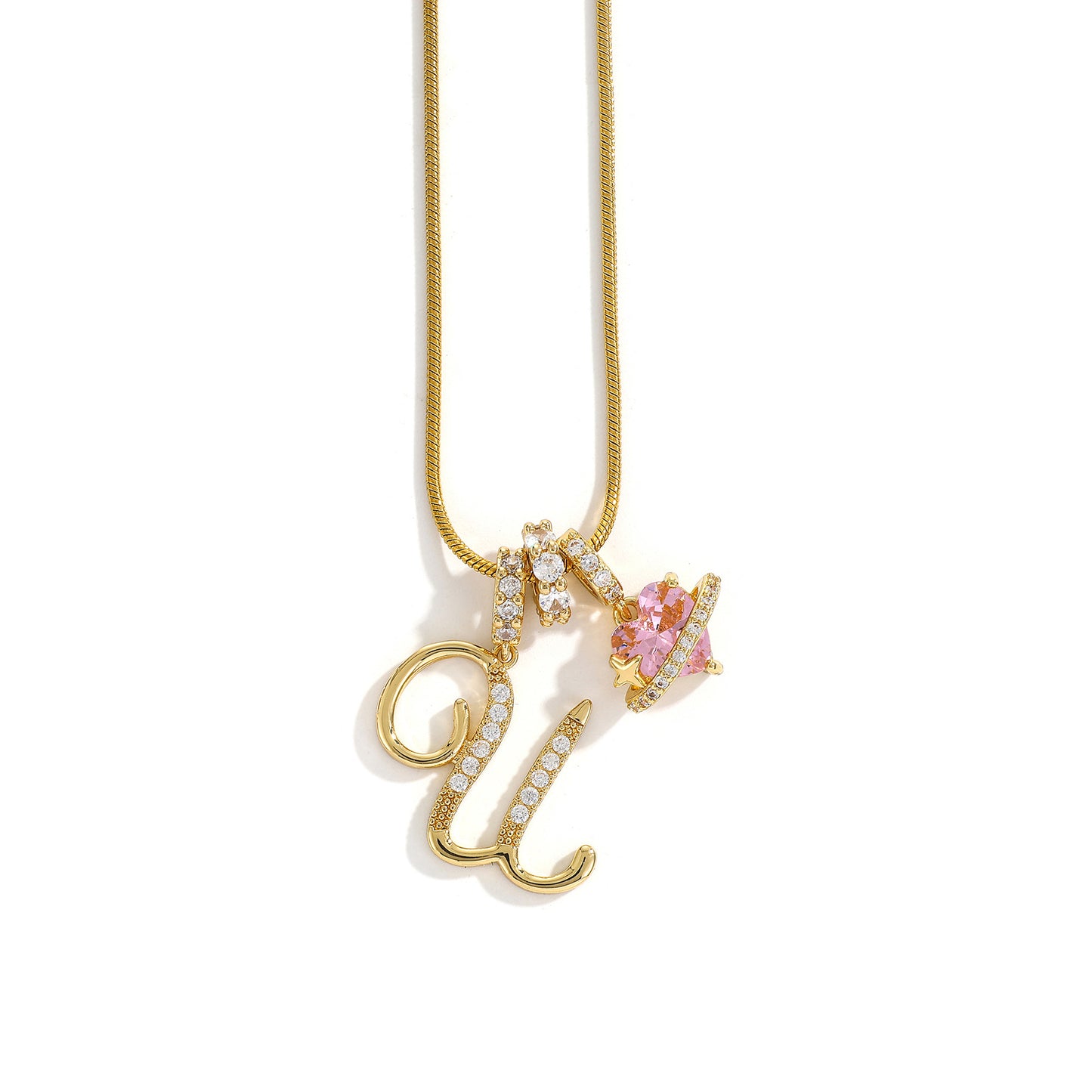 Collana con ciondolo a lettera minimalista in rame con intarsio di zirconi dal design geometrico per donna