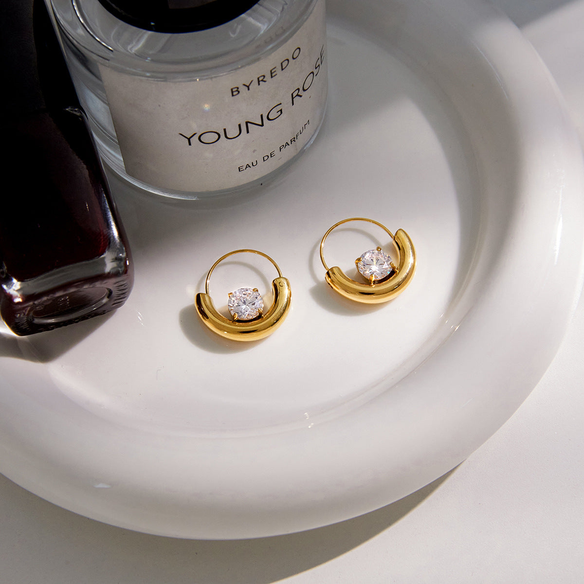 Elegant Geometric Round Stainless Steel Plated Cubic Zirconia Hoop Earrings for Women