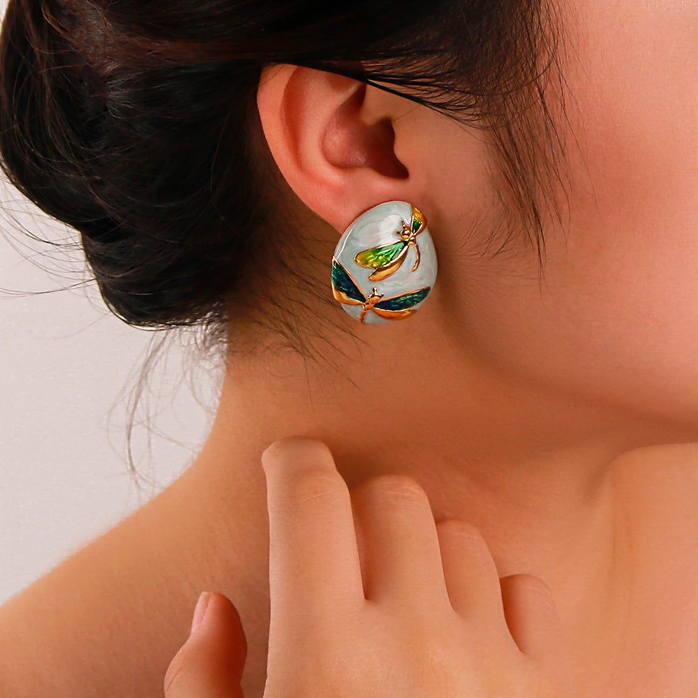 Minimalist Asymmetrical Oval Stainless Steel Earrings with Enamel Dragonfly Pattern and 18K Gold Plating for Women