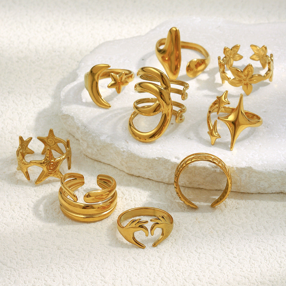 Minimalist Geometric Asymmetrical Heart Star Ring in Stainless Steel with 18K Gold Plating for Women