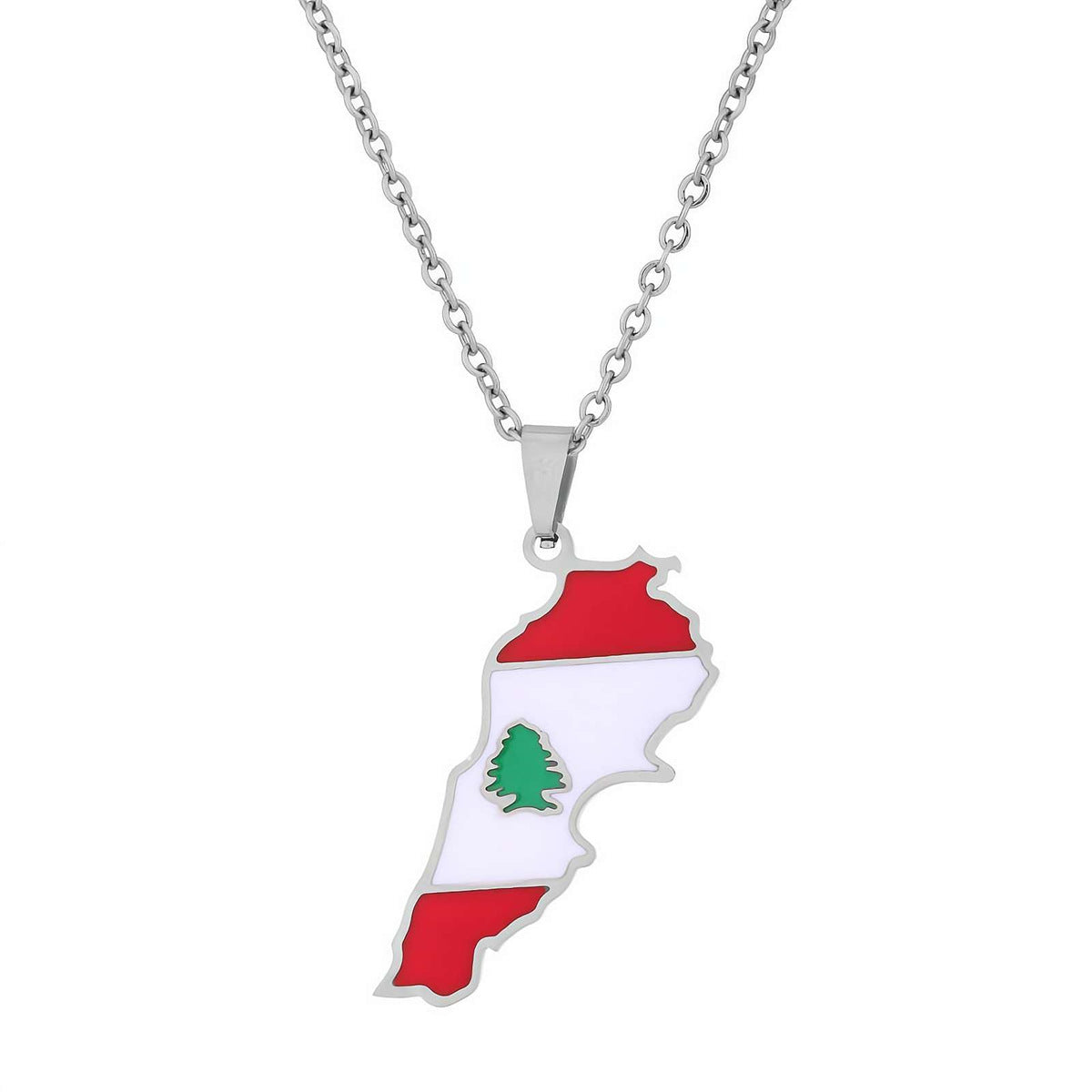 Minimalist Geometric Lebanon Map and Flag Pendant Necklace in Titanium Steel with Enamel Finish for Unisex