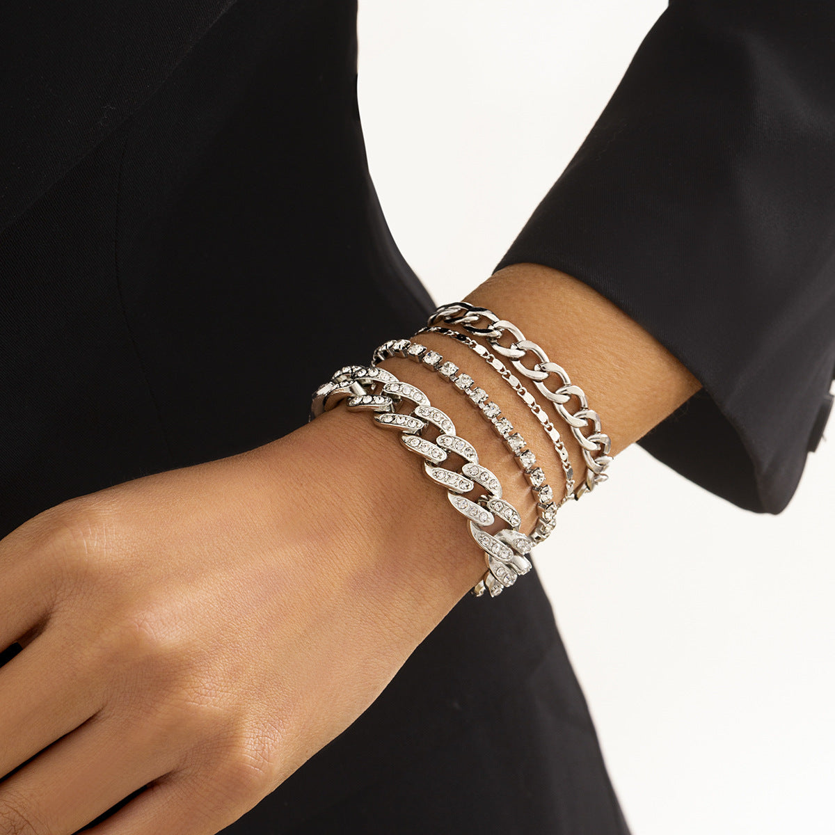 Set di bracciali cubani in lega, stile Punk scuro e geometrico, con intarsi in strass, da donna, gioielli da mano impilabili a maglie cave