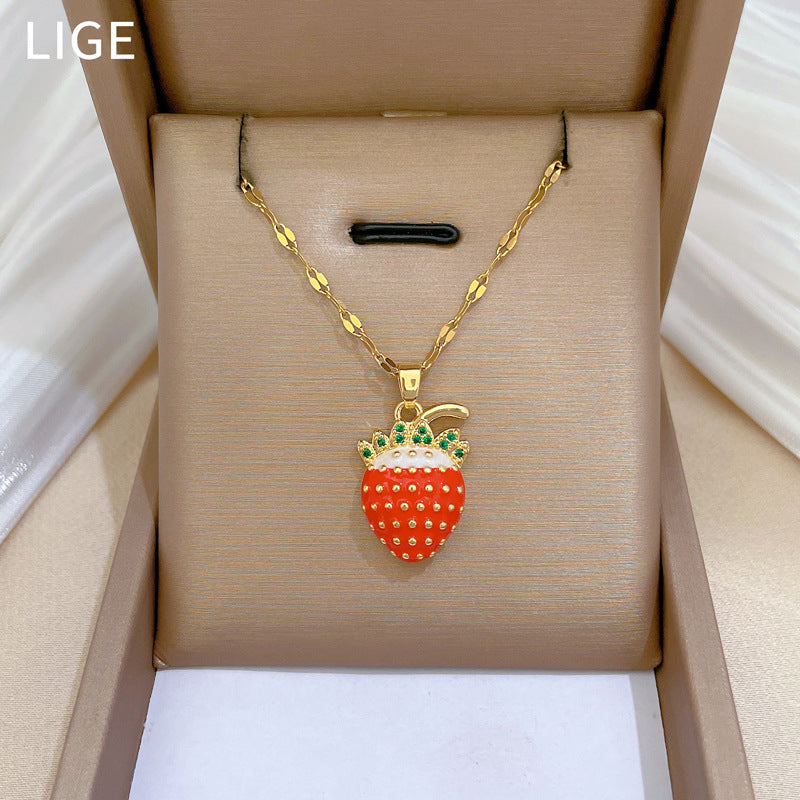 Luxury Sweet Geometric Strawberry Pendant Necklace Titanium Steel Chain Rhinestone Inlay