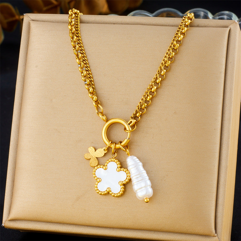 Fashion Elegant Floral Flower Butterfly Round Stainless Steel Plated Pendant Cable Chain Jewelry Set for Women